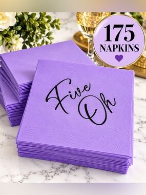 💜 175 Purple “Five Oh” 50th Birthday Cocktail Napkins Party Decor
